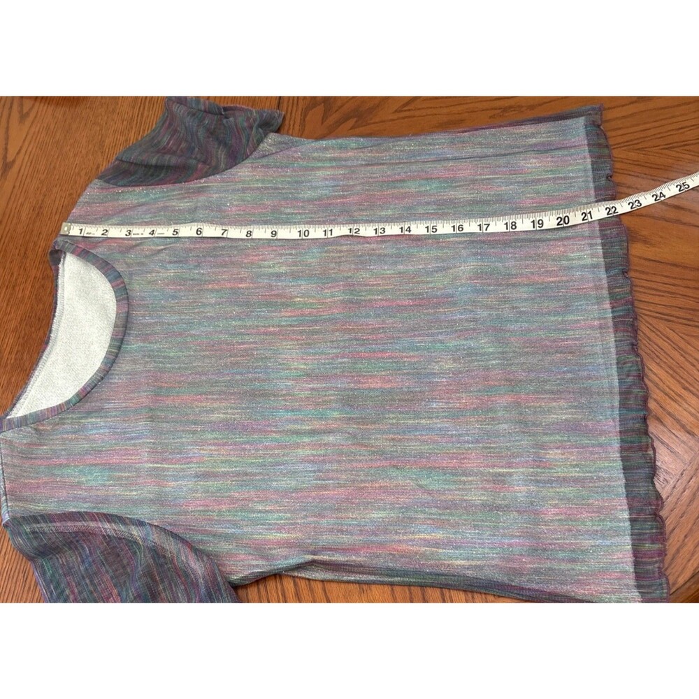 Vintage Rainbow Metallic Knit Glitter Tee Mesh Overlay Short Sleeve Top Small